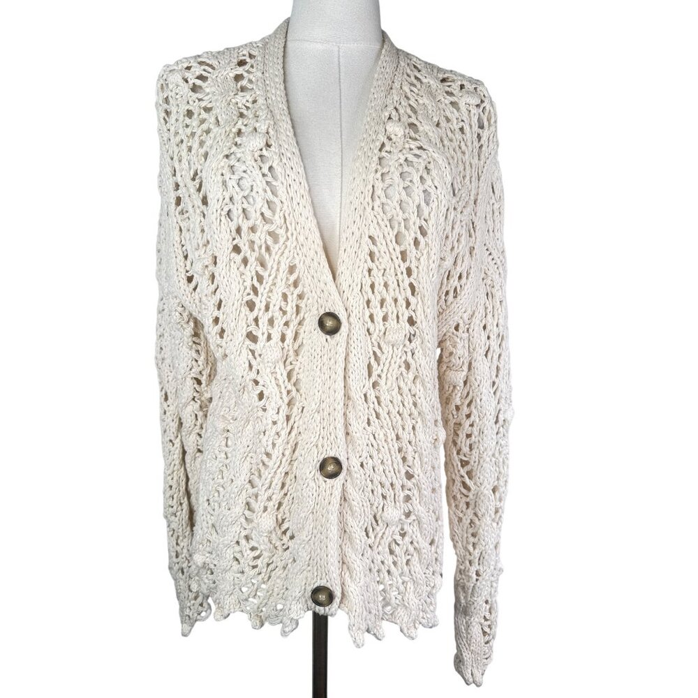 ZARA Small Cream Open Knit Cardigan Sweater Button Front Lightweight Layer